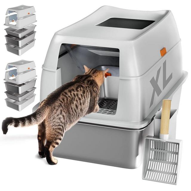 Tom & Sora Creations Stainless Steel Sifting Litter Box, Sifting Cat Litter Box for Pine Pellets and Clay Litter, Multifunctional, Low Maintenance, Odor Free, Leak Free, Enclosed, XL, Grey