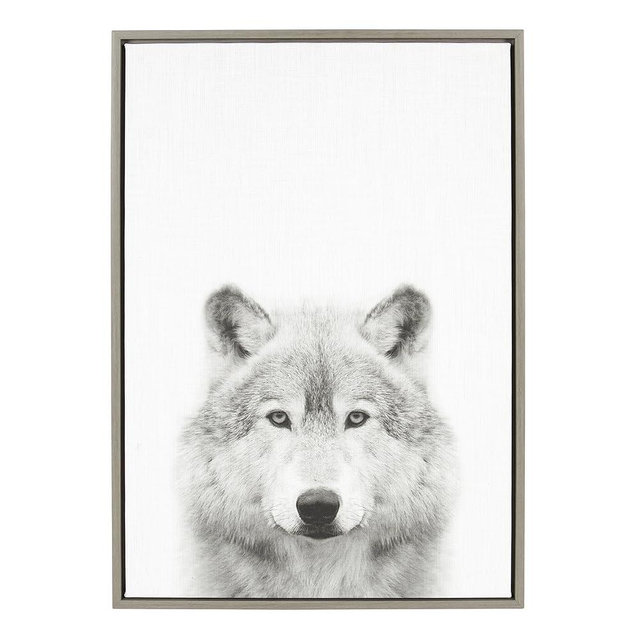 Kate and Laurel Sylvie Wolf Animal Print Black and White Portrait Framed Canvas Wall Art by Simon Te Tai, 23x33 Gray
