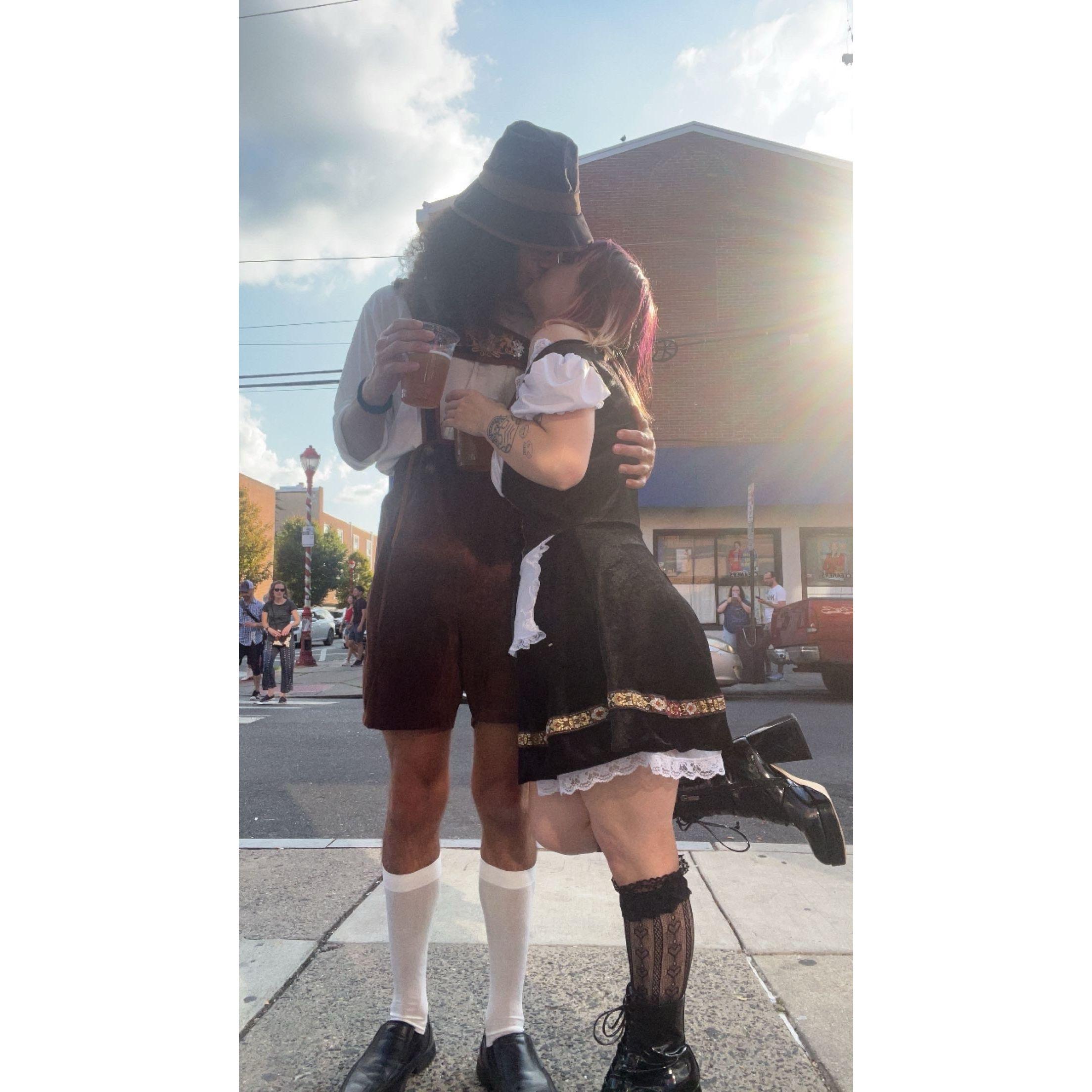 Matching outfits for Oktoberfest in Philly.