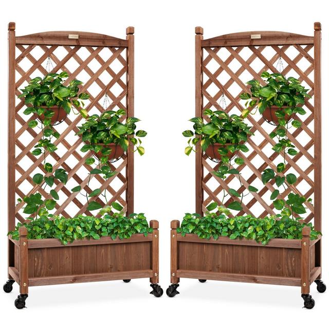 Best Choice Products Set of 2 48in Wood Planter Box & Diamond Lattice Trellis, w/ Drainage, Optional Wheels - Walnut