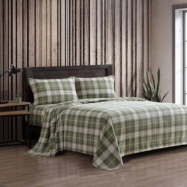 Eddie Bauer - Full Bed Sheets, Cotton Flannel Bedding Set with Matching Pillowcases, Brushed for Extra Softness, Deep Pocket, Oeko-Tex Certified (Heartland Plaid Green)