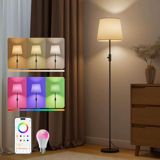 VARICART Smart Floor Lamp with RGBCW Color Change Bulb, Compatible with Alexa, Siri, Google Voice & App Control, Standing Lamp with Linen Shade, Tall Lamp for Living Room, Bedroom, Office,Black