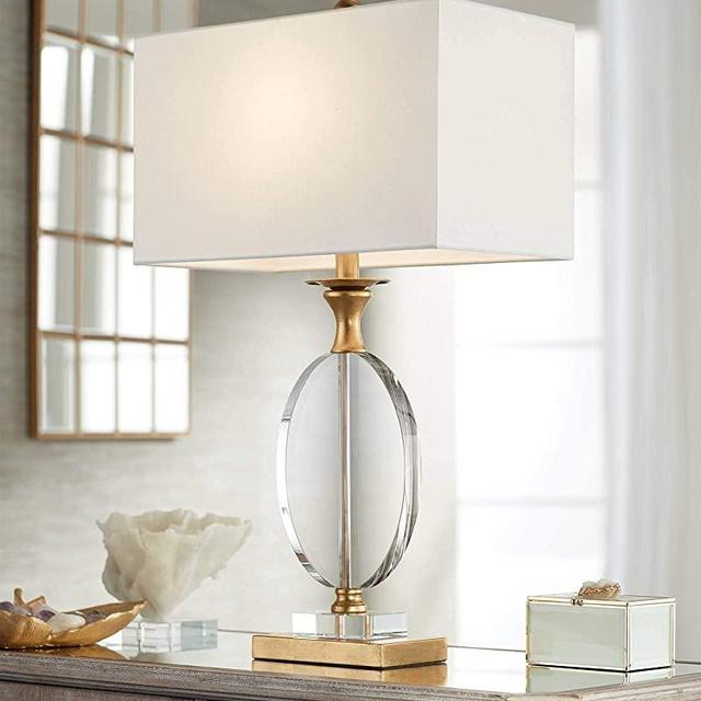 Valerie Modern Glam Luxury Table Lamp 28" Tall Gold Clear Crystal Glass White Fabric Rectangular Shade for Living Room Bedroom House Bedside Nightstand Home Office Family - Vienna Full Spectrum