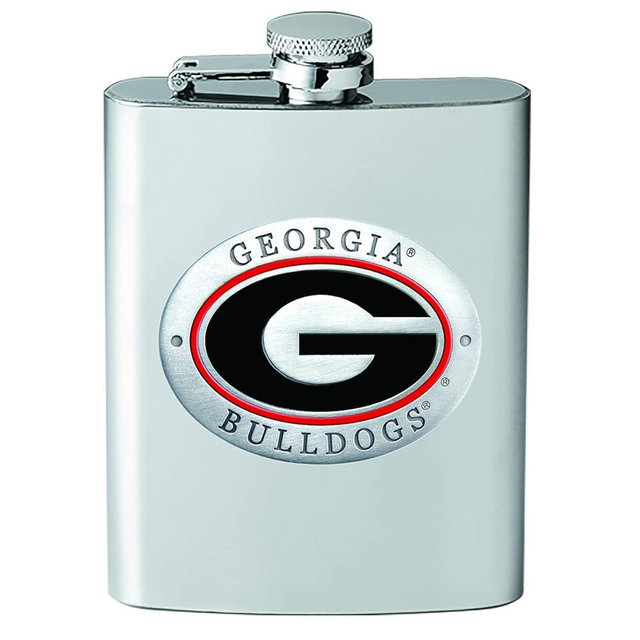 Heritage Pewter Georgia Bulldogs Flask | 8 Ounce Liquor Flask Container - Stainless Steel | Intricately Crafted Metal Pewter Alma Mater Inlay