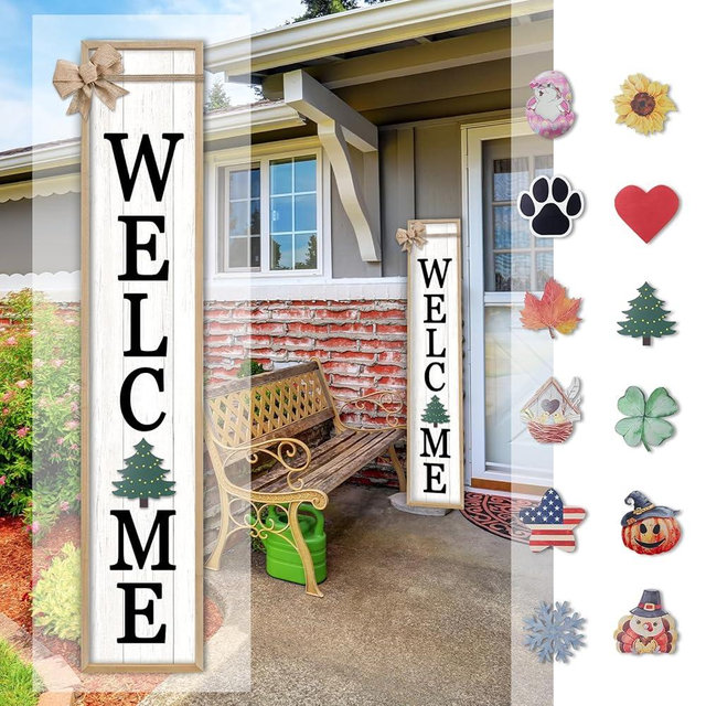 SRSZHIYUE Interchangeable Welcome Sign for Front Door Standing, 45"X9" with 12 Pcs Replaceable Icons Rustic Outdoor Tall Front Porch Farmhouse Outside Wreath Leaner Vertical Decor (Wood)