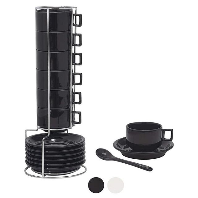 Houseables Espresso Cup, Spoon & Saucer Set, Stackable Demitasse Cups with Metal Stand, 19 Pieces, 2.5 Ounce, Black, Porcelain, Tea Kit, Teacups, Turkish Coffee Mug, Organizer Rack, Dishwasher Safe