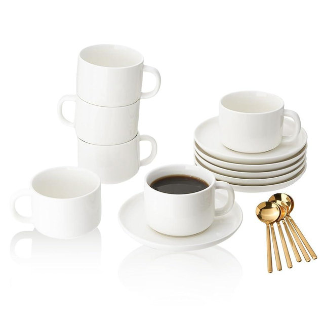 CHILDIKE Porcelain Coffee Cups and Saucers Set of 6 White, 8 Ounce Coffee Cup for Cappuccino, Latte, Cafe Mocha, Espresso