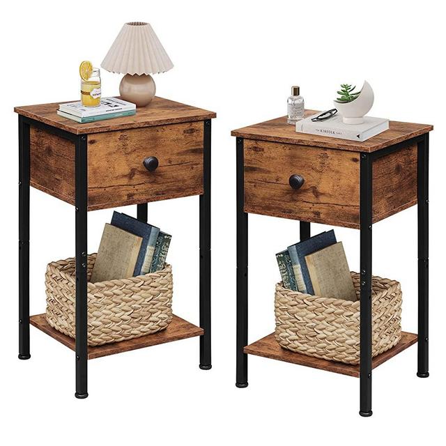 WLIVE Nightstands with Drawer Set of 2, End Tables with Storage, 2-Tier Bedside Tables for Bedroom, Living Room, Side Tables with Sturdy Metal Frame, Rustic Brown