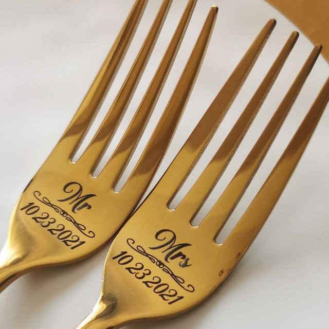 Engraved Gold Wedding Forks: Personalized Mr & Mrs Keepsake
