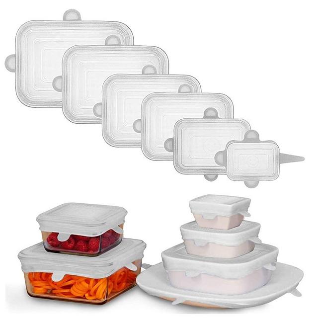 Adpartner Silicone Lids for Food Storage, 6-Pack of Various Sizes Rectangle Silicone Stretch Lids, Reusable BPA-free Flexible Container Lids, Microwave & Freezer & Dishwasher Use Safe