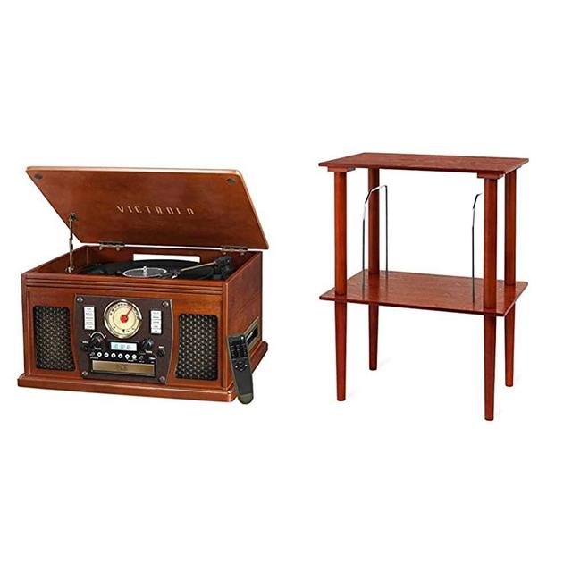 Victrola Navigator 8-in-1 Classic Bluetooth Record Player with USB Encoding and 3-Speed Turntable Bundle with Victrola Wooden Stand for Wooden Music Centers with Record Holder Shelf, Mahogany