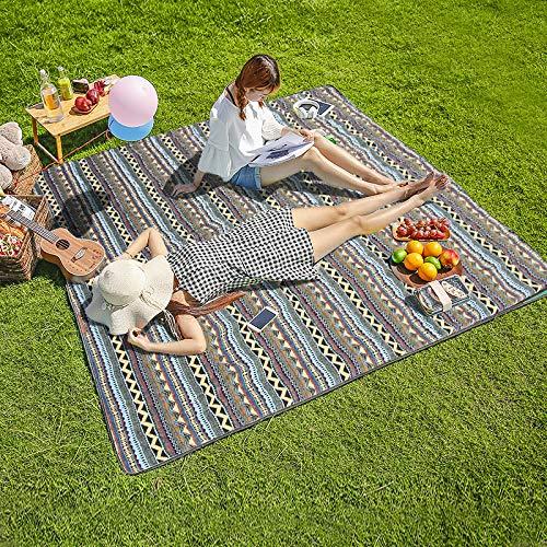 Three Donkeys Machine Washable Extra Large Picnic & Beach Blanket Handy Mat Plus Thick Dual Layers Sandproof Waterproof Padding Portable for The Family, Friends, Kids, 79"x58" (Bohemia)