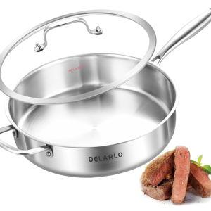 DELARLO Tri-Ply Stainless Steel 7QT Jumbo Cooker Saute Pan With Lid, 12.5 Inch Deep Frying Pan, Induction Large Skillet, Cooker Pan for Chefs, Dishwasher & Oven Safe