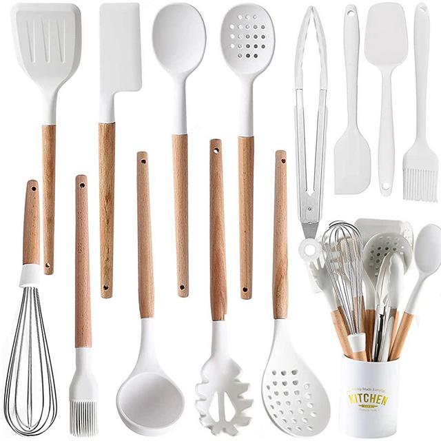 Silicone Cooking Utensils Kitchen Utensil Set -14 Pcs Heat Resistant,Turner Tongs,Spatula,Spoon,Brush,Whisk. Wooden Handles Gray Kitchen Gadgets Tools Set for Nonstick Cookware (BPA Free)