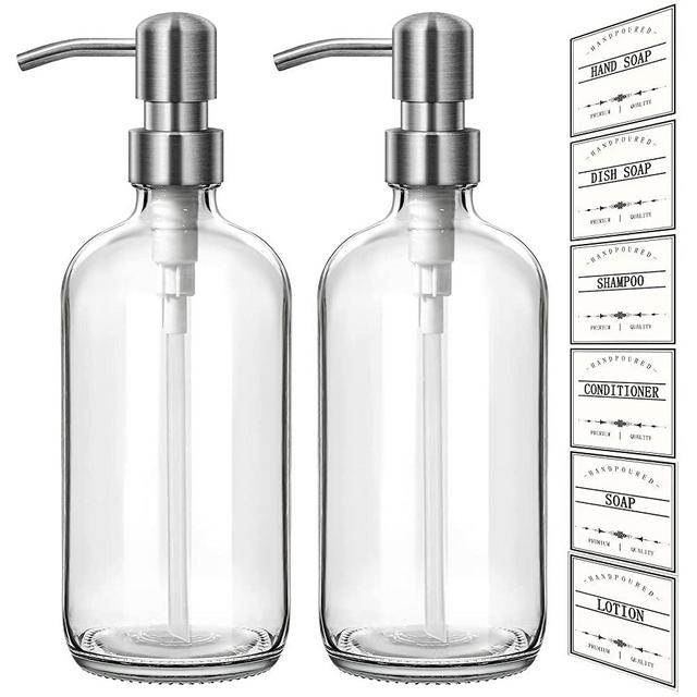 GMISUN Clear Glass Soap Dispenser, 2 Pack Thick Hand and Dish Soap Dispenser Set with Silver Stainless Steel Pump, 16 Oz Refillable Liquid Soap Bottle, Modern Empty Bottles for Kitchen & Bathroom