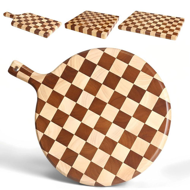 Checkered Round Cutting Board with Handle for Kitchen Decor, 17"L x 13"W x 1" Thick – Wooden Chopping, Cheese & Charcuterie Board in Acacia Wood, Decorative Serving Platter for Meat, Bread & Pizza