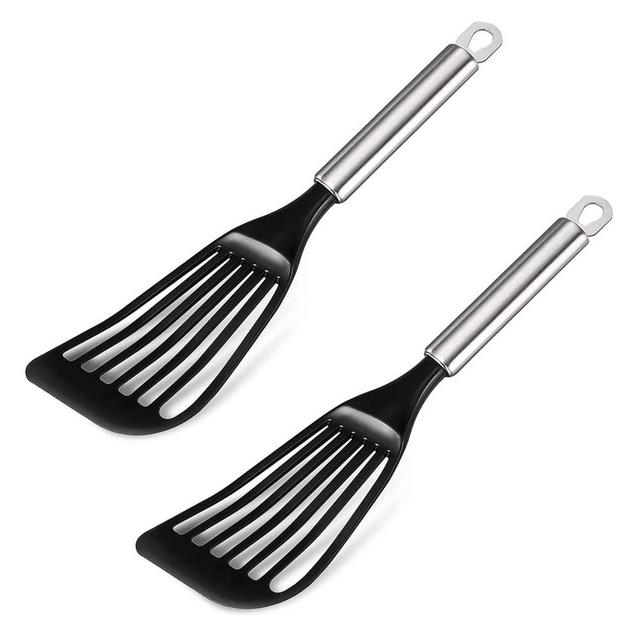 2pcs -Tenta Kitchen Nonstick cookware Thin Slotted Egg Spatula Turner Flexible Nylon Metal Fish Spatula, Wide Blade Lightweight Heat Resistant with Long and Thickness Stainless Steel Handle. (2PCS)