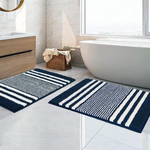 Tindbea Bathroom Rugs Set 2 Piece, Extra Soft and Absorbent Fluffy Striped Chenille Bath Mat Rug Set, Non Slip Bathroom Floor Mat, Machine Washable (20" x 32" Plus 20" x 32", Navy Blue)