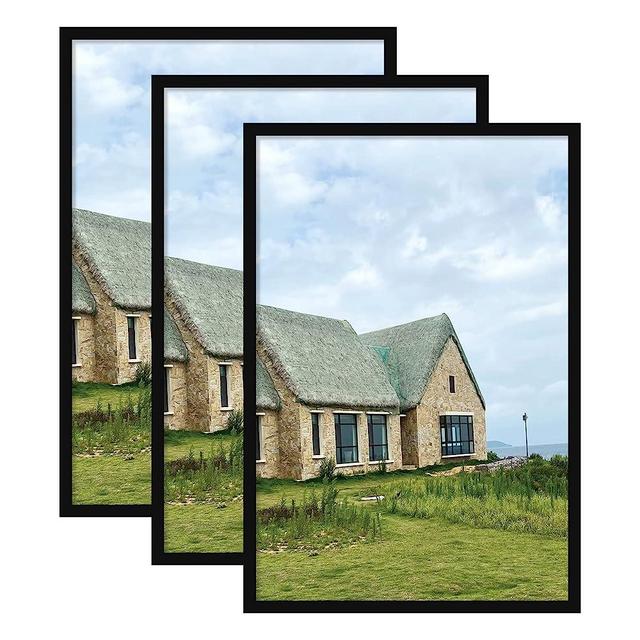 PUEOR 24x36 Poster Frame Large Picture Frame Black - 3 Pack - Solid Wood with Plexiglass - Wall Mounting Horizontal and Vertical (24x36 Inch)