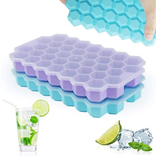 Upgrade Ice Cube Trays, TGJOR 2 Pack Silicone Flexible Ice Cube Trays with Lid, 74 Cubes Ice Trays for Chilled Drinks, Whiskey & Cocktails, Stackable Flexible Safe Ice Cube Trays (blue+purple)