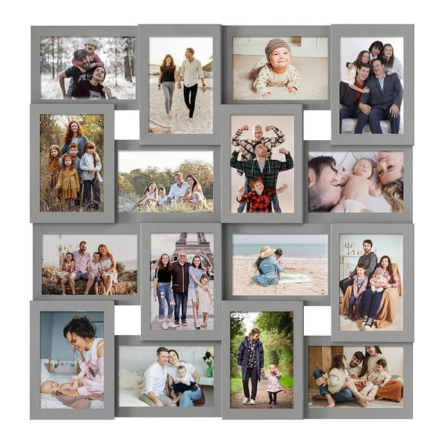 J.M.Deco Collage Picture Frames for Wall 16 Opening, Large Photo Frame Collage Wall Hanging for 4x6 Photo, Reunion Friends Family Memory, Christmas Gift - Grey