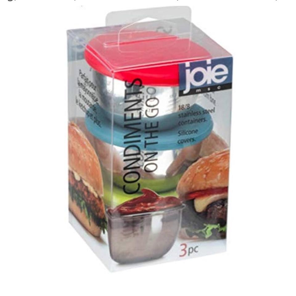 Joie Condiments On The Go, Mini Stainless Steel Containers with Leak-Proof Silicone Lids, Ideal for Lunchbox Dip or Dressing, BPA-Free, Dishwasher Safe, Assorted Colors, Set of 3