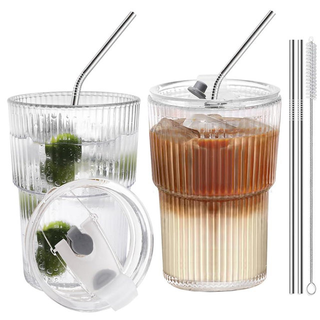 HIGIINC Iced Coffee Cups With Lids and Straws 2 Pcs, 16 OZ Unbreakable Glasses Drinking Set,Clear Plastic Cups Reusable Iced Coffee Tumbler with Lid and Straw, To Go Coffee Cups Dishwasher Safe