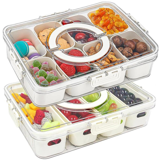 2 Pack Divided Serving Tray with Lid and Handle, 12 Compartments Snackle Box Charcuterie Container for Portable Snack Platters Clear Organizer for Candy Fruits Veggie Snacks Party Entertaining Picnic