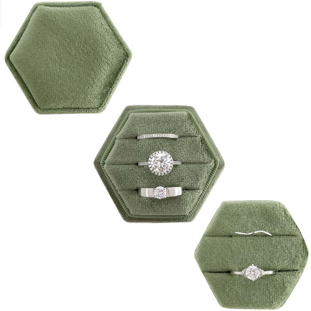 Beatilog 2 IN 1 Ring Box Velvet Wedding Day, 2 and 3 Slot Hexagon Ring Box, Premium Double Rings Bearer Holder, Handmade Ring Gift Box for Proposal Engagement Ceremony Christmas Travel （Olive Green）
