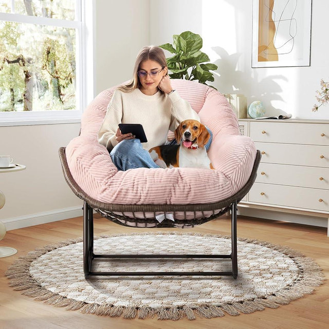 Large Indoor Rocking Chair, Oversized Rocking Papasan Chair with Thick Cushion and Frame,Comfy Corduroy Rocker Wicker Egg Chairs Lounge Reading Chair for Living Room, Bedroom, Apartment, Pink