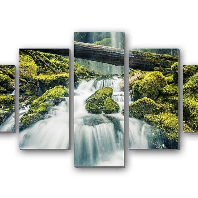 BurgessAlbert Beautiful Waterfall in Forest Stones Green Moss - 5 Panels Wall Art Canvas Stretched with Wooden Frame for Home Decor - Ready to Hang (12"x16"x2+12"x24"x2+12"x32"x1)