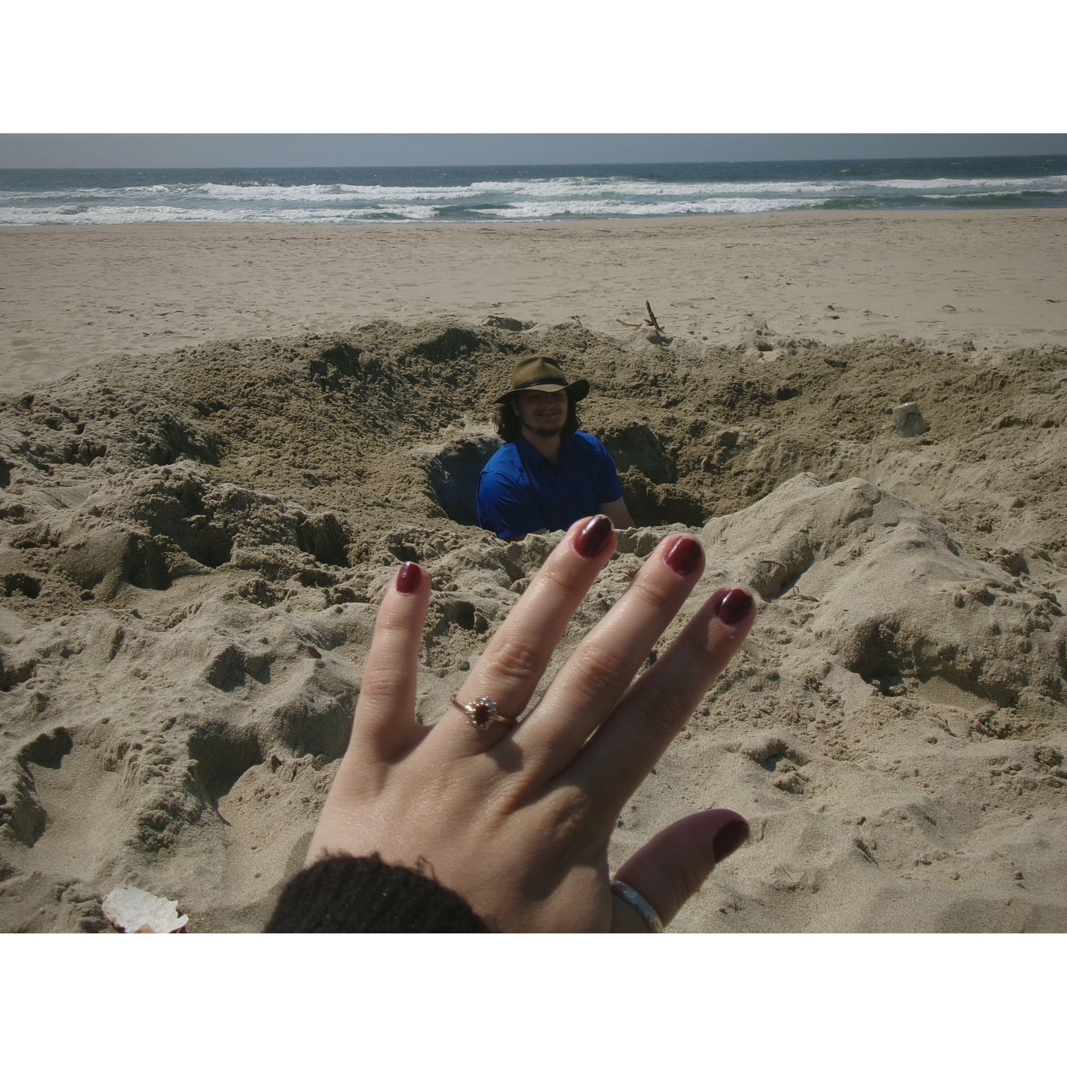 After moving into their new house, Ethan waited for the perfect moment to pop the question. He is equally proud of the giant hole he dug that day.