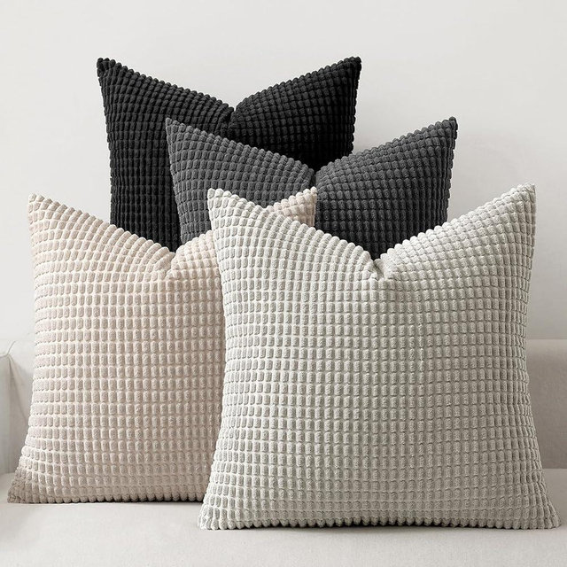 MIULEE Neutral Cream/Grey Decorative Pillow Covers 18x18 Inch Set of 4 Boho Western Farmhouse Throw Pillows Corduroy Couch Pillowcases Industrial Home Decor for Sofa Living Room Bed