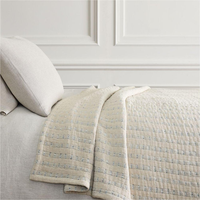 Two Tone Cotton Jacquard Blanket, King/Cal.King, Natural/Blue