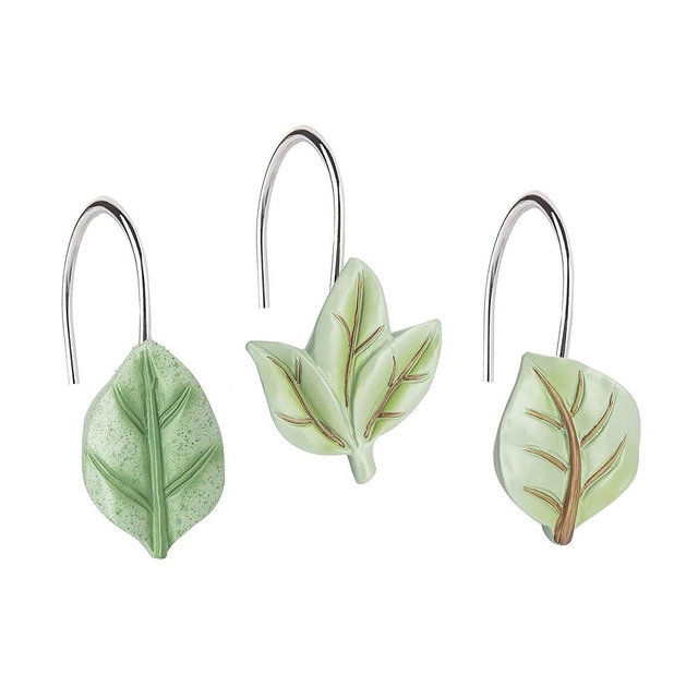 Yuiviot 12pcs Green Leaf Shower Curtain Hooks Rings, Tropical Botanical Theme, Cute Hangers for Bathroom Decor, Rust Proof and Heavy Duty, Jungle Decoration…