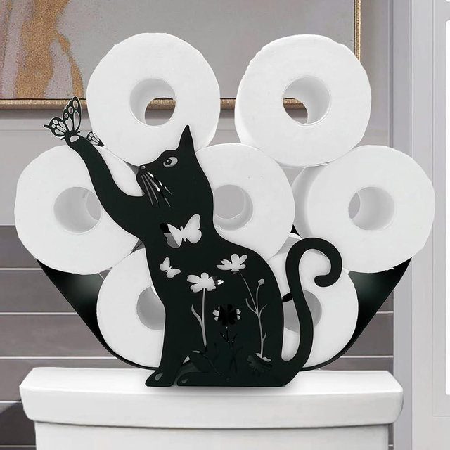 Euiroet Cat Black Metal Toilet Tissue Holder,Animal Paper Holders,Decorative Metal Paper Holder,Funny Toilet Paper Storage for Bathrooms,FreeStanding Metal Toilet Paper Organizer Hold Extra 8 Rolls