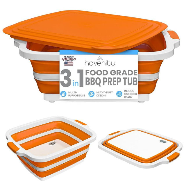 HAVENITY BBQ Prep Tub, 16L Multifunctional Camping Cutting Board with lid, Collapsible Dish Basin for Meal Prep Marinating Food, Collapsible Food Storage Containers, XL