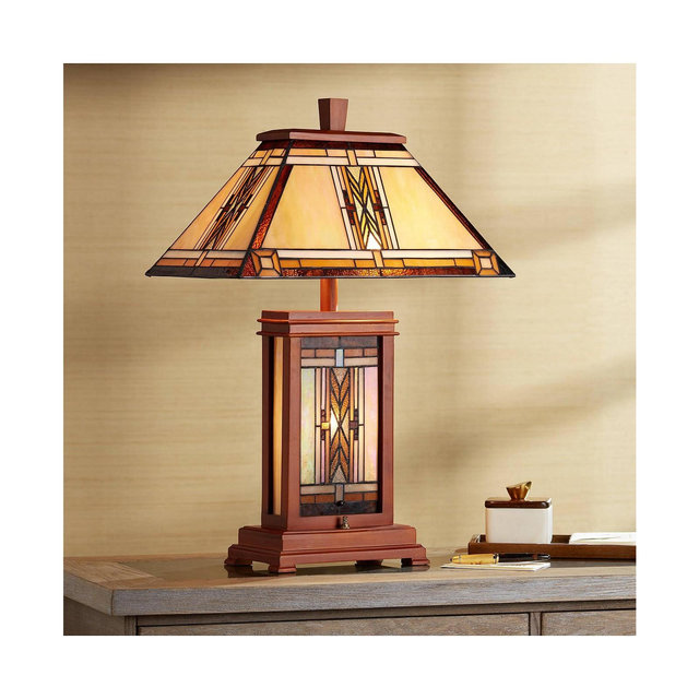 Walnut Mission Collection Rustic Table Lamp with Nightlight 27" Tall Wood Base Tiffany Style Antique Stained Art Glass Shade for Living Room Bedroom House Bedside Nightstand - Robert Louis Tiffany