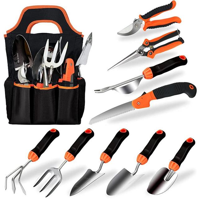 Garden Tool Set, 10 Piece Stainless Steel Gardening Tool Set with Non-Slip Ergonomic Rubber Grip, Pruning Shears & XL Handle Storage Tote, Outdoor Hand Tools, Ideal Garden Tool Kit Gifts for Friends