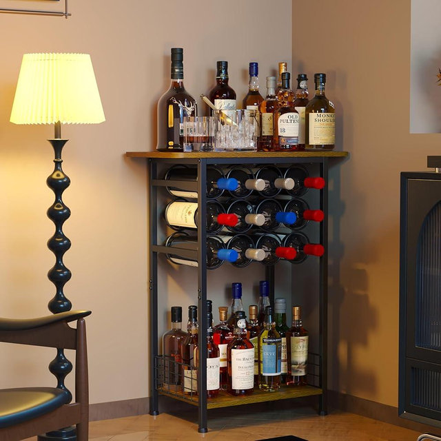 Bosimeca 3-Tier Wine Rack Freestanding Floor Cabinet Corner Bar Cabinet Bar Cart,12 Individual Wine Storage Bottle Compartments Corner Bar Cabinet Holder (3-Tier Wine Rack 08)