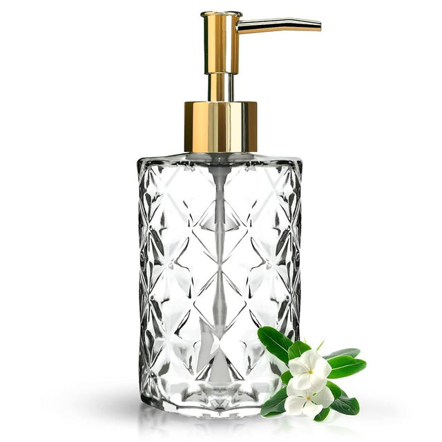 11oz Crystal Glass Soap Dispenser, Clear Glass Lotion Soap Dispenser with Gold Pump,Refillable Wash Soap Dispenser for Bathroom Countertop Kitchen Laundry Room