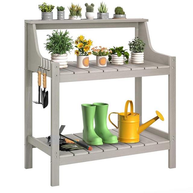 ONBRILL Potting Bench Table, HDPS Potting Bench with 4 Side Hooks, All-Weather Garden Table Work Station, Outdoor Potting Table for Porch, No Rust, No Fade, No Break, 360lbs Capacity (Grey, Large)