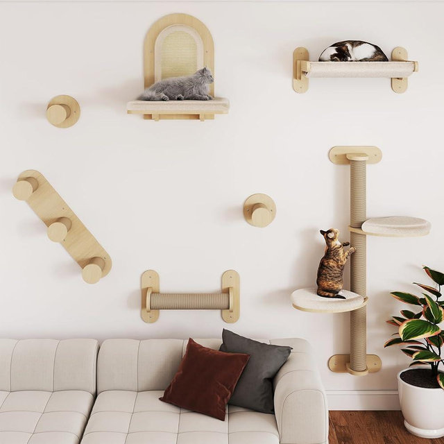 BYBYME 7 Pcs Wall-Mounted Cat Shelves, Multi-Level Sturdy Climbing Frame with Scratching Posts, Kitten Platform & Cat Bed for Playing & Resting, Solid Wood Indoor Cat Room Tree（Natural Wood）