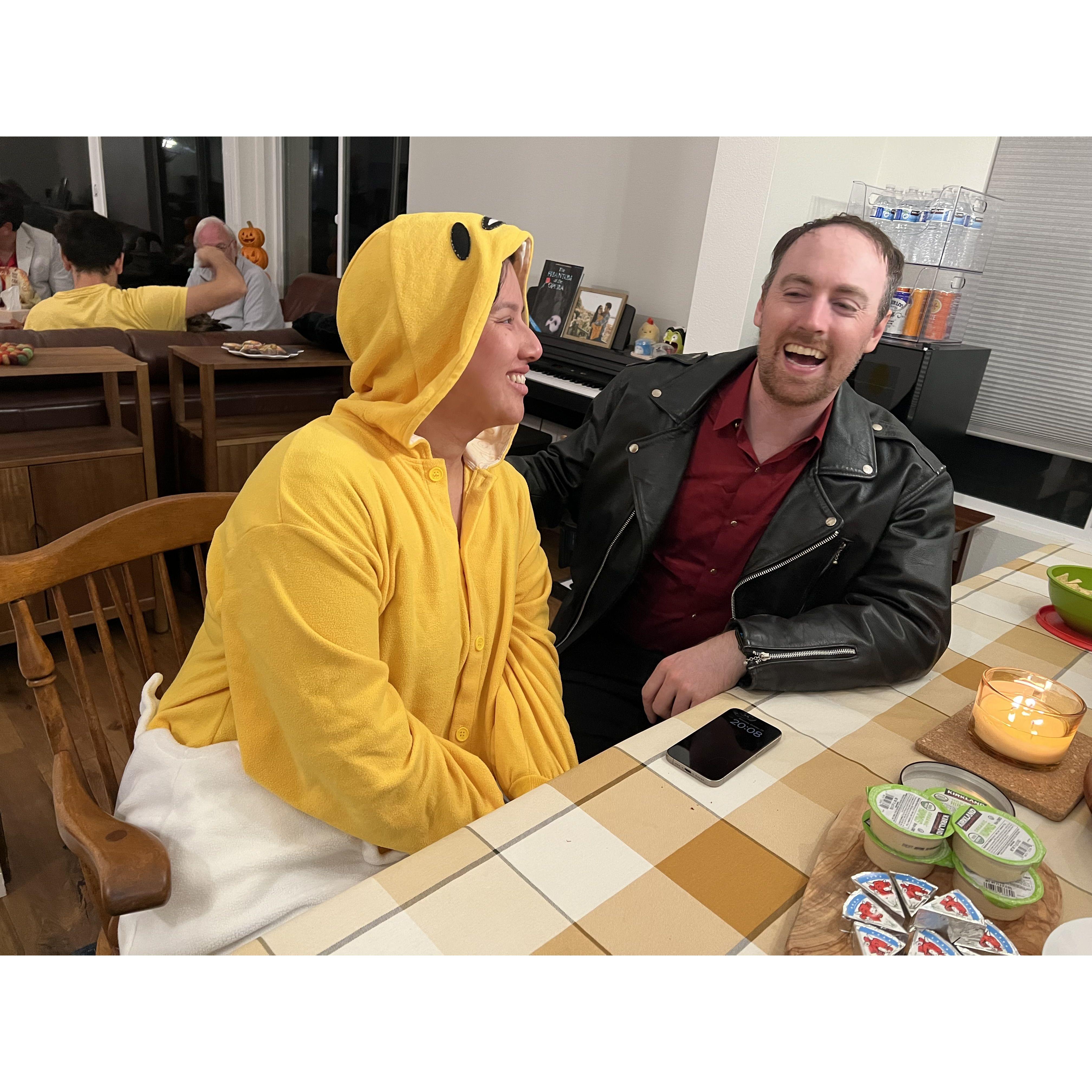 Halloween party 2023! Katrina is Gudetama the Lazy Egg and Ryan is a deviled egg.