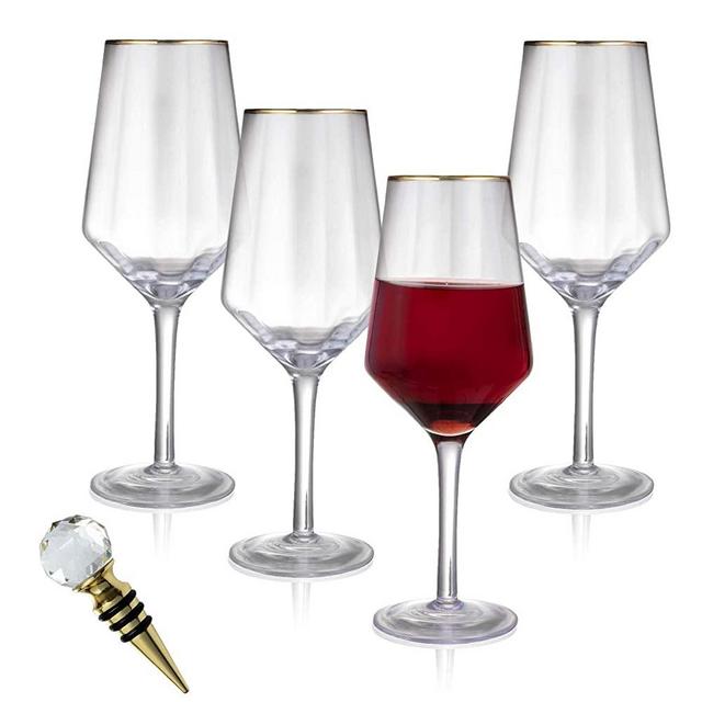 24K Gold-Rimmed 15.5 Oz. Wine Glasses – Set of 4 Crystal White & Red Wine Glasses + Gold-Plated Wine Bottle Stopper – Handmade, Lead-Free, Optic Wine Glass for Entertaining & Gifting by Lumi & Numi