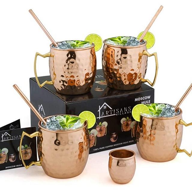 Moscow Mule Copper Mugs, Copper Mugs, Mug with Brass Handle, with Copper Straws, Jigger and Shot Glass (Pure Copper)