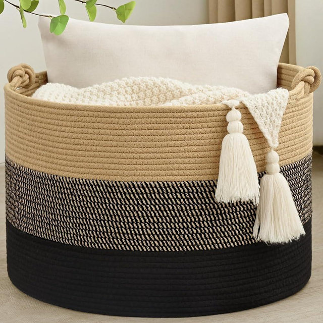 Degeyoyo 67L Large Blanket Basket, 20"x13" Woven Storage Baskets With Handle, Cotton Rope Blanket Basket Living Room, Baby Laundry hamper for Blanket, Nursery, Toy, Pillow (Brown & Black)