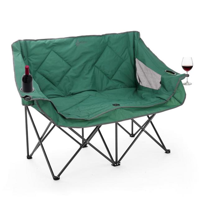 Arrowhead Outdoor Portable Folding Double Duo Camping Chair Loveseat Couch w/ 2 Cup & Wine Glass Holder, Supports up to 500lbs
