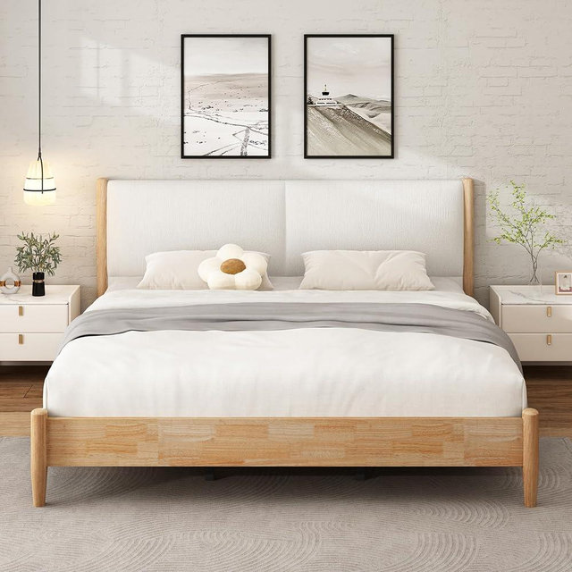 Christopher Knight Home Raven Modern King Size Bed Frame with Upholstered Headboard, Natural Wood King Size Platform Bed Frame and Headboard, No Box Spring Needed, Easy Assembly, White+Natural