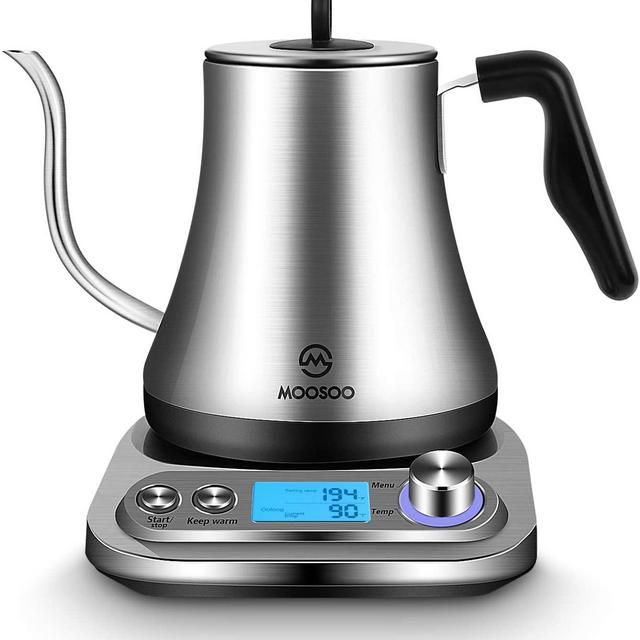 Moosoo Electric Gooseneck Coffee Kettle with Variable Temperature Control & Presets, Stainless Steel Pour Over Coffee Tea Kettle, 1000W Rapid Heating - Stainless Steel